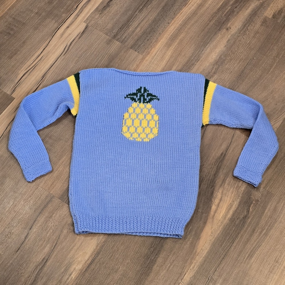 Handmade Pineapple Vintage Kids Sweater Crochet Knit Blue Yellow Girls Boys 7/8*